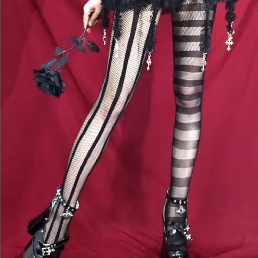Gothic Black Fishnet Tights with Cross Details